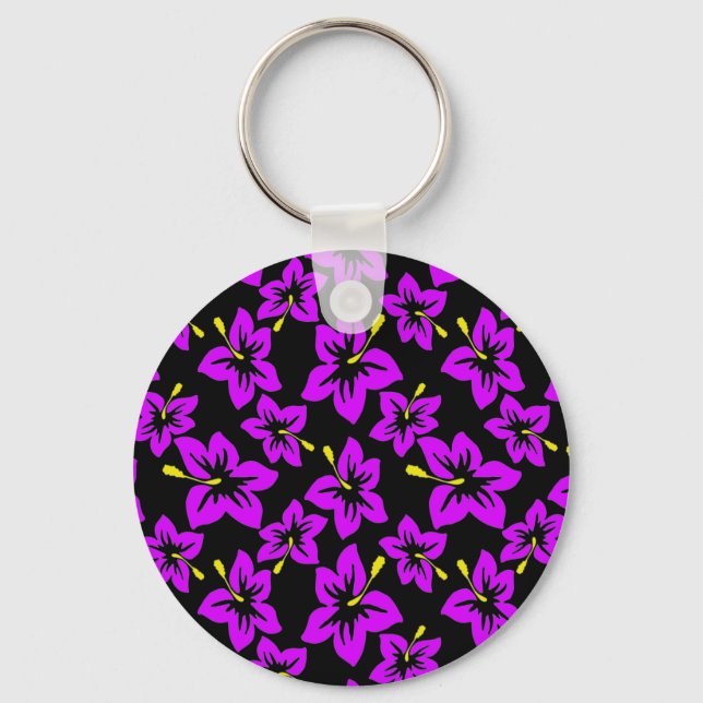 Tropical Purple Hawaiian Hibiscus Flowers Key Ring (Front)