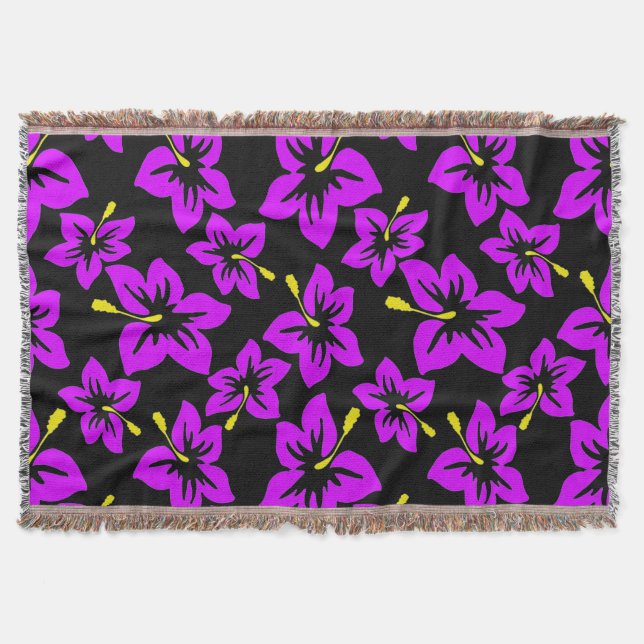 Tropical Purple Hawaiian Hibiscus Flowers Throw Blanket (Front)