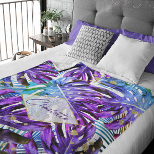 Tropical Purple Monstera Leaf Pattern Modern Fleece Blanket