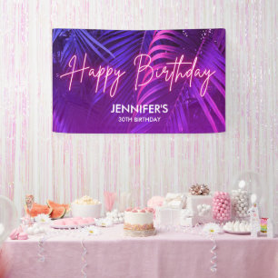 Tropical Purple Neon Pink Palm Leaf Happy Birthday Banner