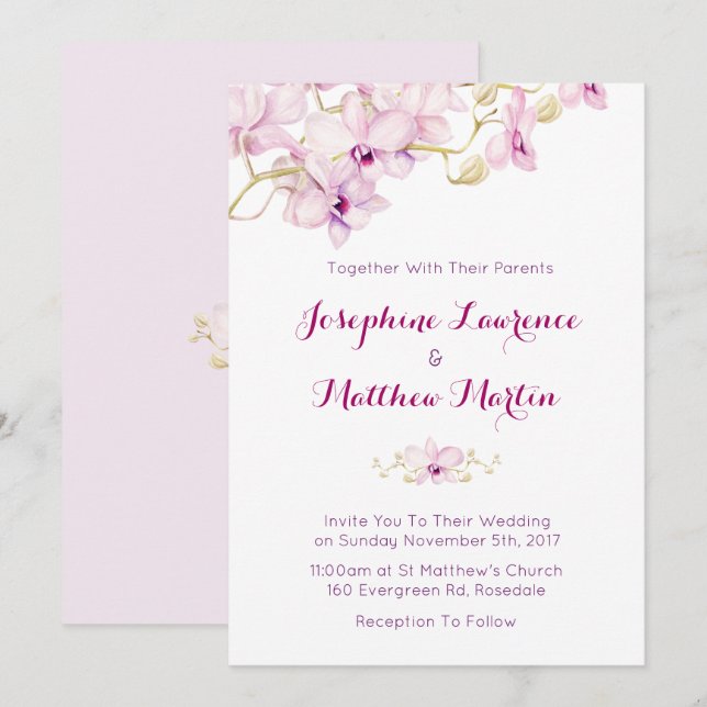 Tropical Purple Orchid Floral Wedding Invitation (Front/Back)