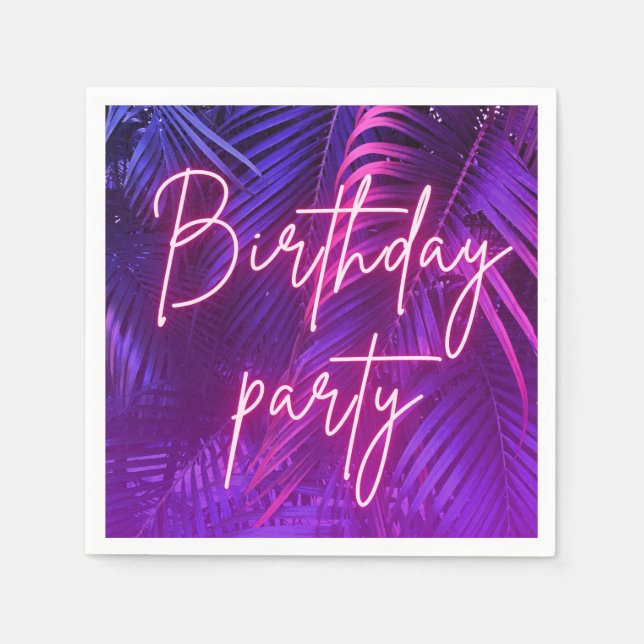 Tropical Purple Palm Leaf Birthday Party Napkin (Front)