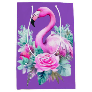 Tropical Purple Pink Flamingo Christmas Holiday Medium Gift Bag