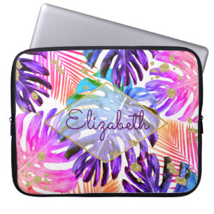 Tropical Purple Pink Glitter Palm Leaf Pattern Laptop Sleeve