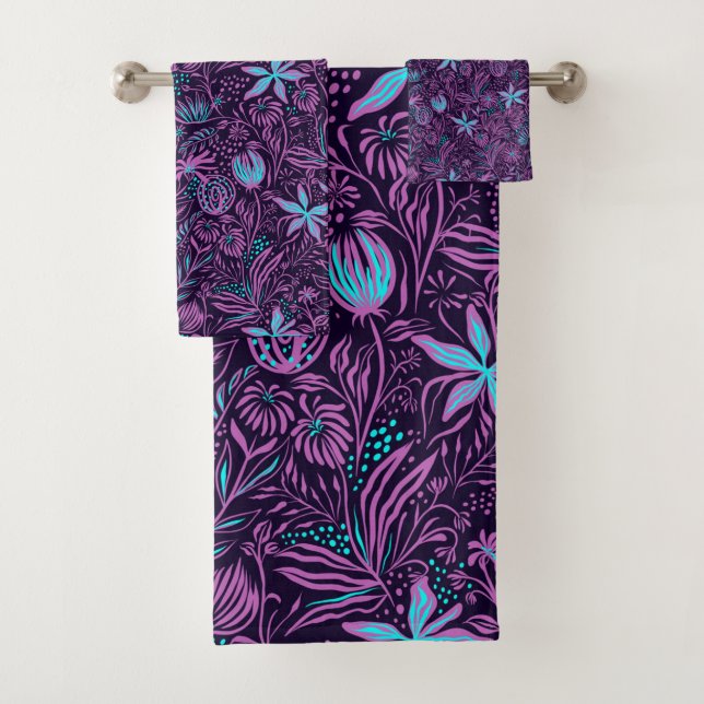 Tropical Purple & Teal Flowers Floral Design Bath Towel Set (Insitu)