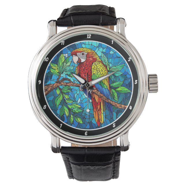 Tropical Radiance" - Stained Glass Macaw Watch (Front)