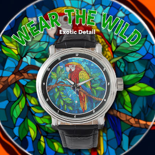 Tropical Radiance" - Stained Glass Macaw Watch