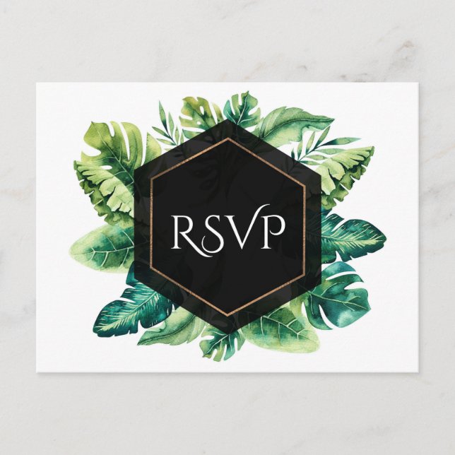 Tropical Rain Forest Leaves Elegant Wedding RSVP Invitation Postcard (Front)