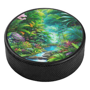 Tropical rain forest with trees and flowers hockey puck