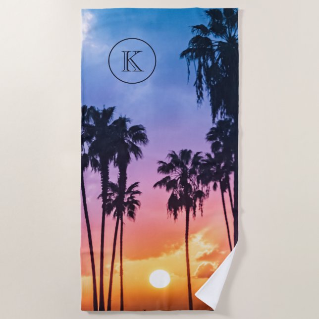 Tropical Rainbow Colour Palm Tree Sunset Monogram Beach Towel (Front)