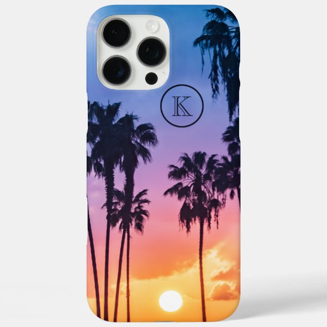 Tropical Rainbow Colour Palm Tree Sunset Monogram Case-Mate iPhone Case (Back)