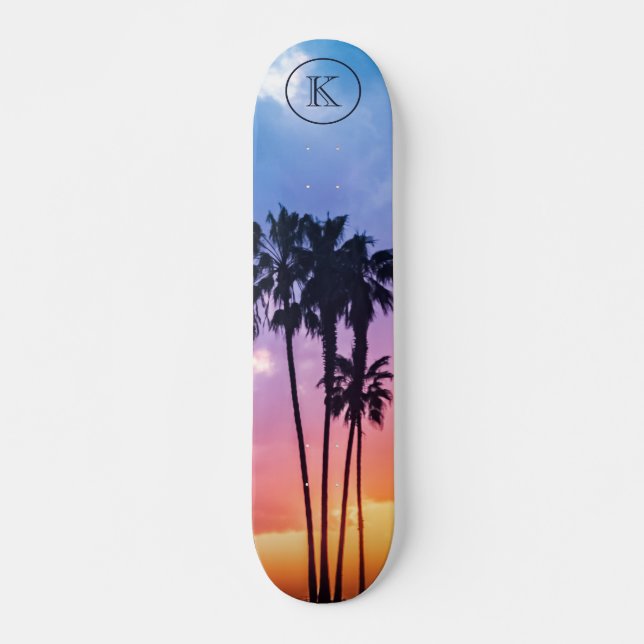 Tropical Rainbow Colour Palm Tree Sunset Monogram Skateboard (Front)