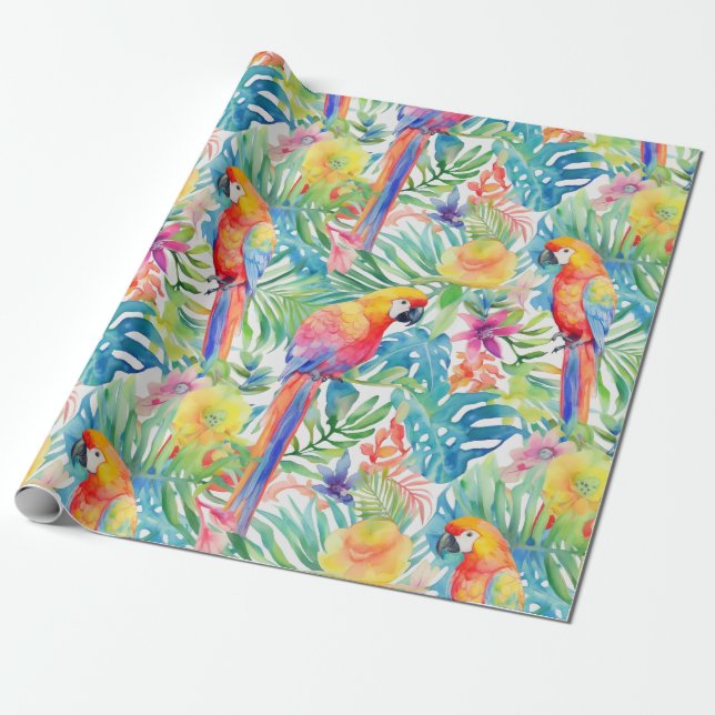 Tropical rainbow parrot pattern wrapping paper (Unrolled)
