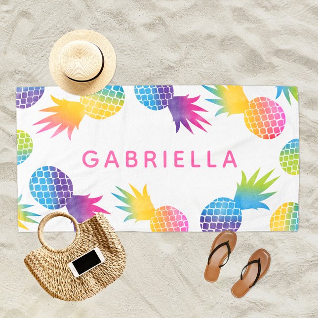Tropical Rainbow Pineapple Personalised Pink Beach Towel (Creator Uploaded)