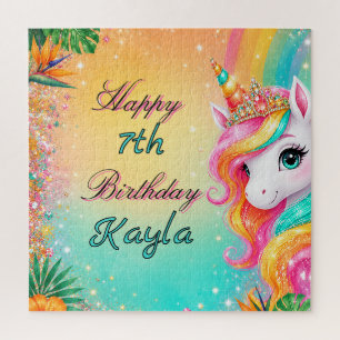 Tropical Rainbow Unicorn Floral Girls Birthday Jigsaw Puzzle