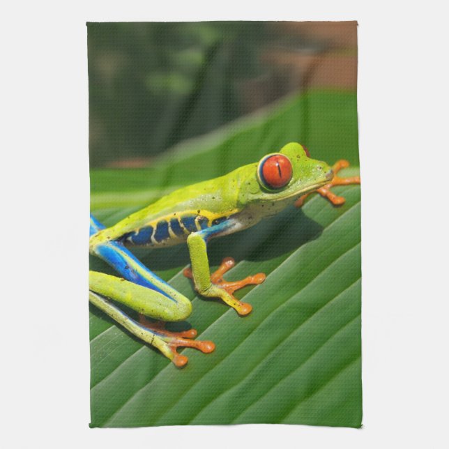 Tropical rainforest green red-eyed tree Frog Tea Towel (Vertical)
