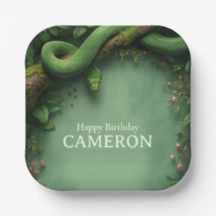 Tropical Rainforest Green Snake Custom Name Jungle Paper Plate