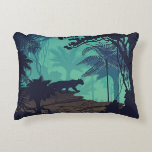 Tropical rainforest, jaguar evening background. decorative cushion