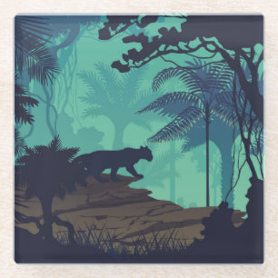 Tropical rainforest, jaguar evening background. glass coaster