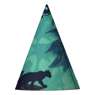 Tropical rainforest, jaguar evening background. party hat