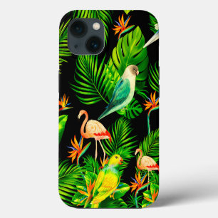 Tropical rainforest leaves and birds pattern iPhone 13 case