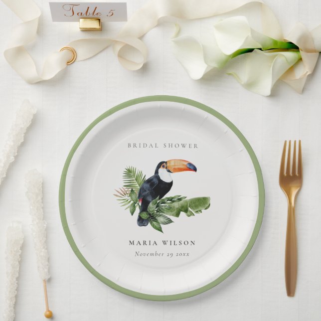 Tropical Rainforest Toucan Coral Bridal Shower Paper Plate (Wedding)