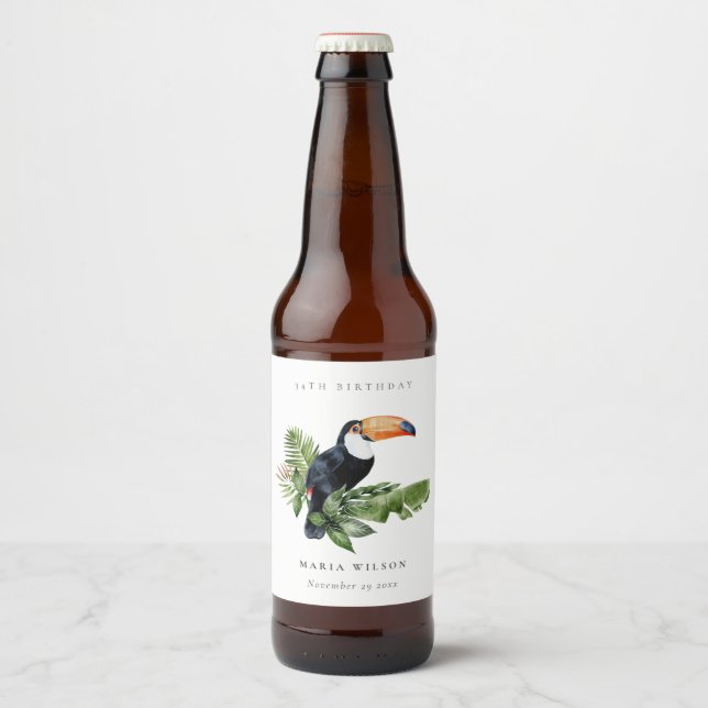 Tropical Rainforest Toucan Fauna Any Age Birthday Beer Bottle Label (Front)