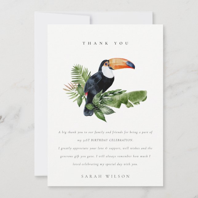Tropical Rainforest Toucan Fauna Any Age Birthday Thank You Card (Front)