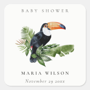 Tropical Rainforest Toucan Foliage Baby Shower Square Sticker