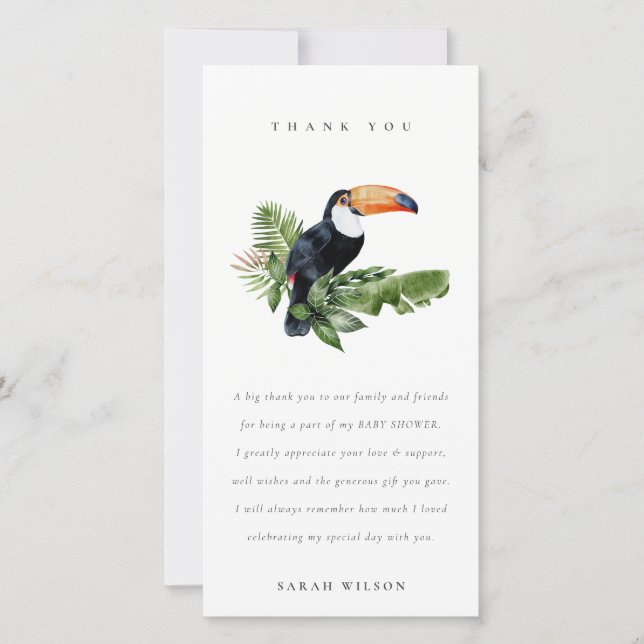Tropical Rainforest Toucan Foliage Baby Shower Thank You Card (Front)