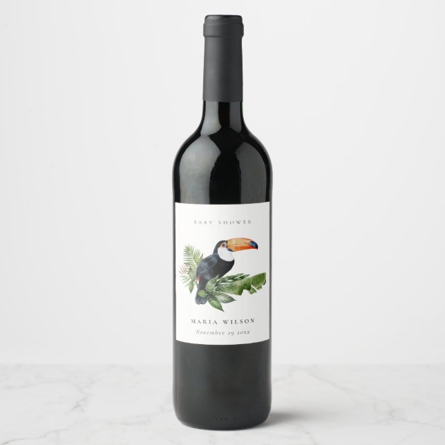 Tropical Rainforest Toucan Foliage Baby Shower Wine Label (Front)
