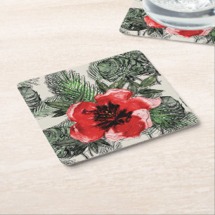 Tropical Red and Green Watercolor Floral Square Paper Coaster