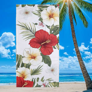 Tropical Red and White Hibiscus Floral Beach Towel