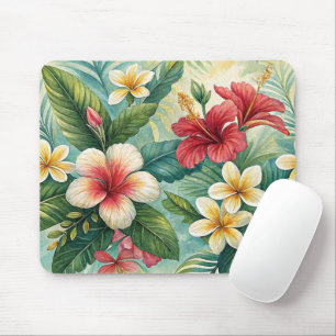 TROPICAL RED AND YELLOW HIBISCUS FLORAL BLOOMS MOUSE MAT