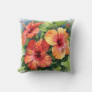 Tropical Red and Yellow Hibiscus Watercolor Floral Cushion