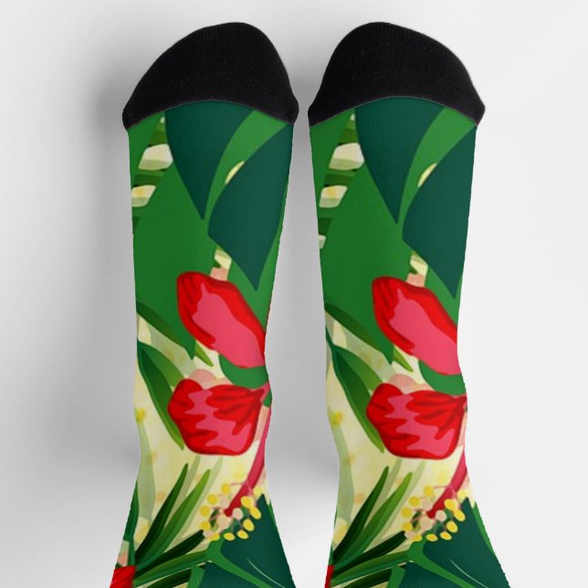 Tropical red flowers and leaves print socks (Top)