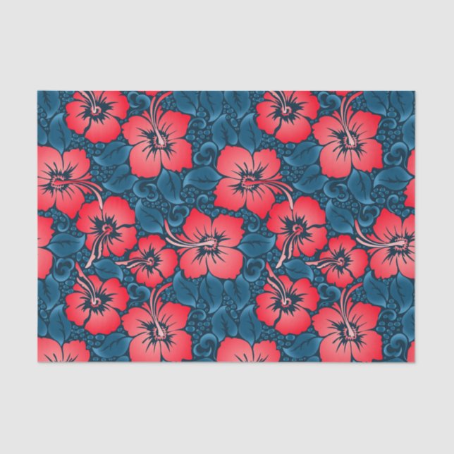 Tropical red flowers on navy tissue paper (Front)