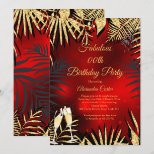Tropical Red Gold Palms Champagne Birthday Party Invitation