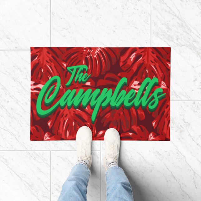 Tropical Red Green Leaves Family Name Christmas  Doormat (Indoor)