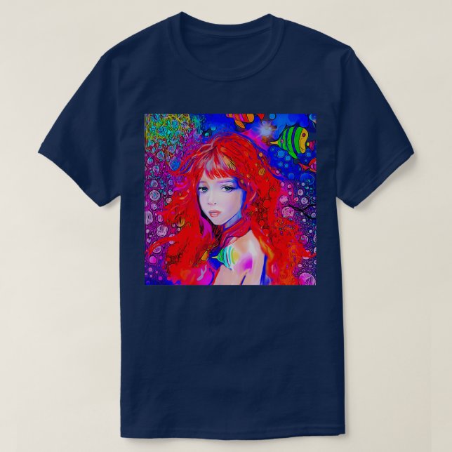 Tropical Red Hair Mermaid Deep in the Sea T-Shirt (Design Front)
