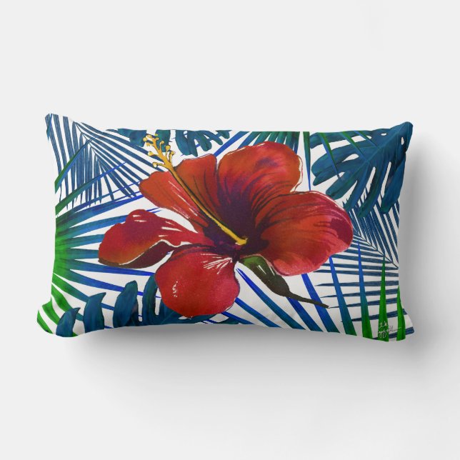 Tropical Red Hibiscus Floral Dark Teal Leaves Lumbar Cushion (Front)