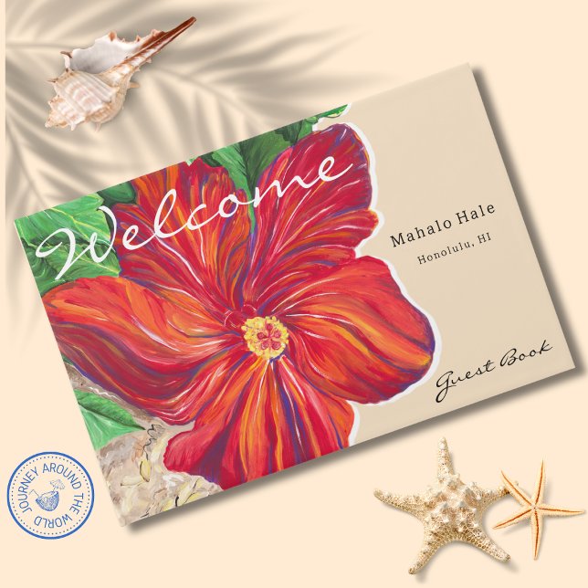Tropical Red Hibiscus Floral Vacation Home Rental Guest Book (Mahalo Hale Tropical Hibiscus Flower Guest Book features my Original Hibiscus in the Park Painting.)