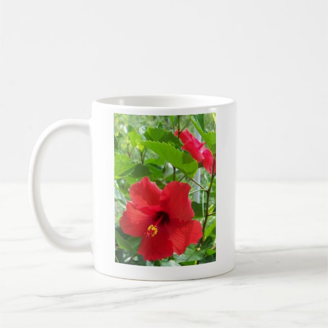 Tropical red hibiscus flower coffee mug (Left)