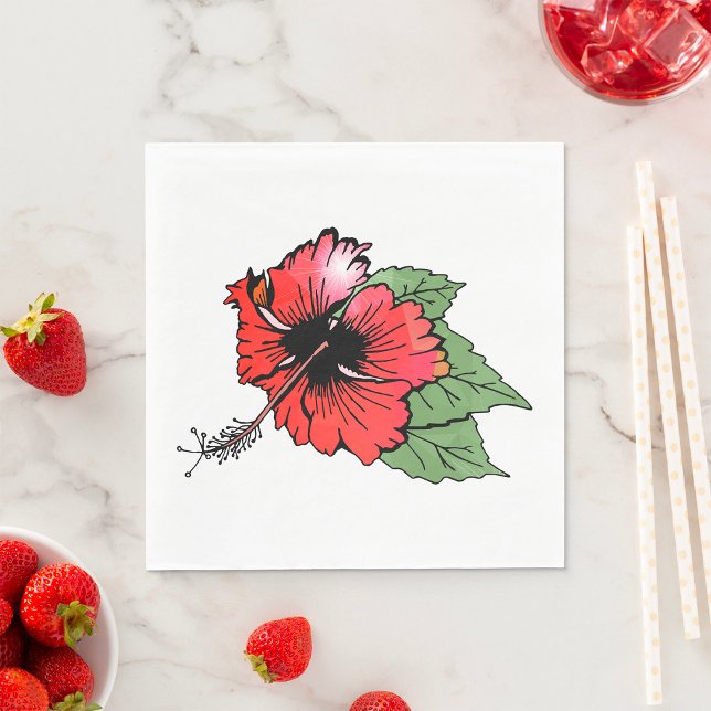 Tropical Red Hibiscus Flower with Green Leaves  Napkin (Creator Uploaded)