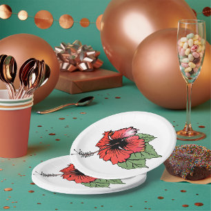 Tropical Red Hibiscus Flower with Green Leaves Paper Plate