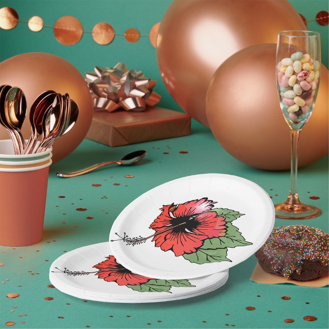 Tropical Red Hibiscus Flower with Green Leaves  Paper Plate (Creator Uploaded)