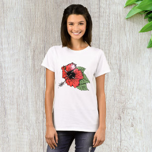 Tropical Red Hibiscus Flower with Green Leaves T-Shirt