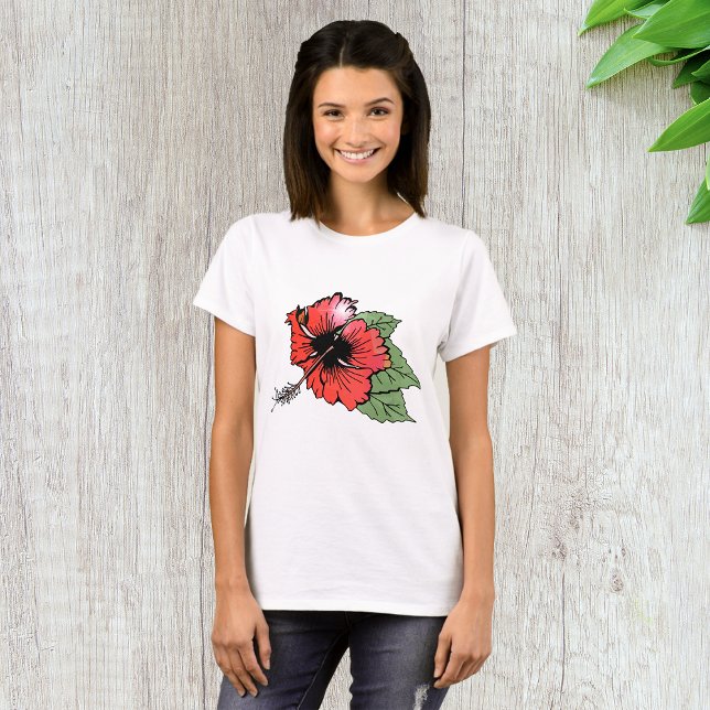 Tropical Red Hibiscus Flower with Green Leaves  T-Shirt (Creator Uploaded)