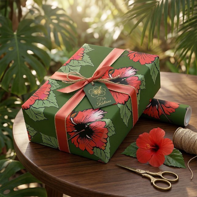 Tropical Red Hibiscus Flower with Green Leaves  Wrapping Paper (Creator Uploaded)