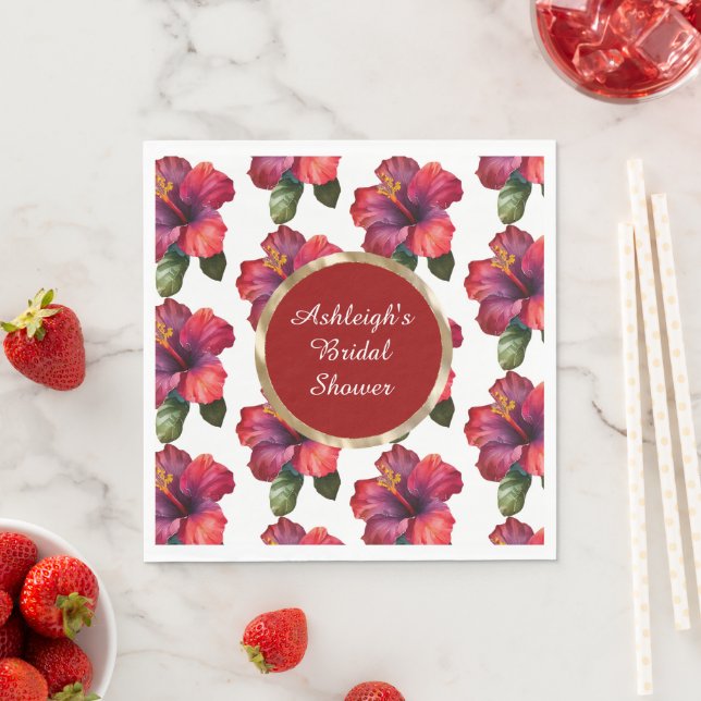 Tropical Red Hibiscus Flowers Bridal Shower Napkin (Insitu)